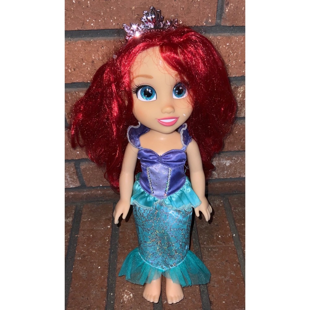 Disney Princess Ariel Doll Jakks Pacific Red Hair Blue Glitter Eyes Mermaid 14in